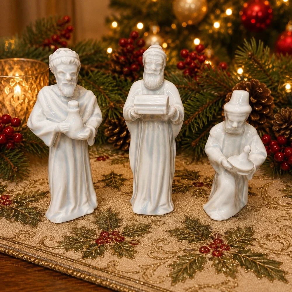 Porcelain Nativity Set of 13 Glossy Christmas Figurines Vintage Handmade Marked